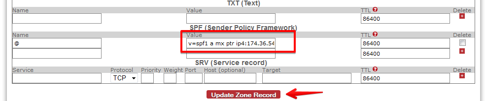 SoftLayer DNS zone editor interface